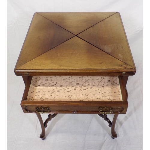 79 - Edwardian mahogany envelope card table with swivel top, fold-out diamonds, counterwells, frieze draw... 