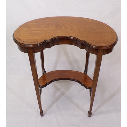 81 - Edwardian kidney shaped inlaid mahogany 2 tier occasional table with tapering legs