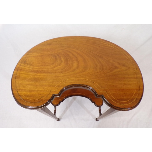 81 - Edwardian kidney shaped inlaid mahogany 2 tier occasional table with tapering legs