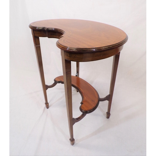 81 - Edwardian kidney shaped inlaid mahogany 2 tier occasional table with tapering legs