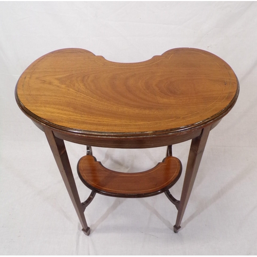 81 - Edwardian kidney shaped inlaid mahogany 2 tier occasional table with tapering legs