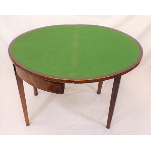 91 - Edwardian inlaid mahogany demi-lune card table with fold-over top, on tapering legs