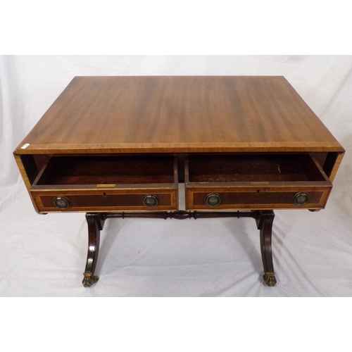 95 - Edwardian inlaid mahogany sofa table with frieze drawers, stretcher and splayed feet