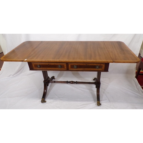 95 - Edwardian inlaid mahogany sofa table with frieze drawers, stretcher and splayed feet