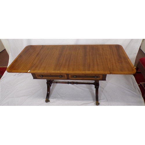 95 - Edwardian inlaid mahogany sofa table with frieze drawers, stretcher and splayed feet