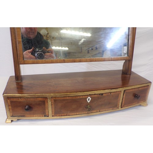 106 - Edwardian inlaid mahogany swivel mirror with tapering columns,  bowfronted base with 3 drawers