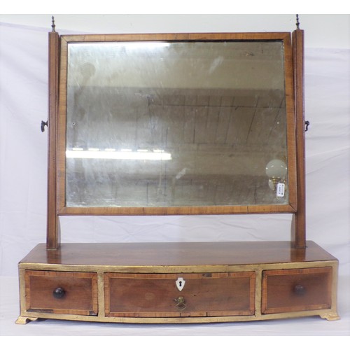 106 - Edwardian inlaid mahogany swivel mirror with tapering columns,  bowfronted base with 3 drawers