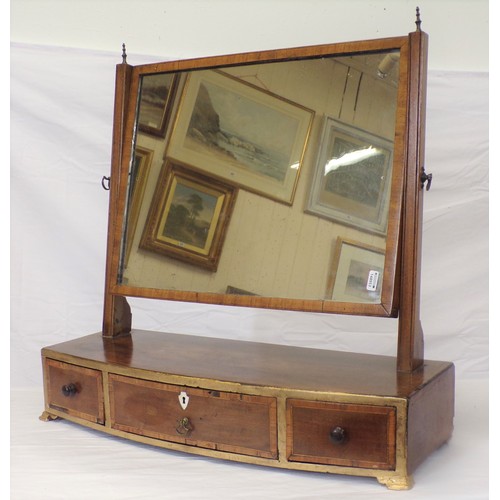 106 - Edwardian inlaid mahogany swivel mirror with tapering columns,  bowfronted base with 3 drawers