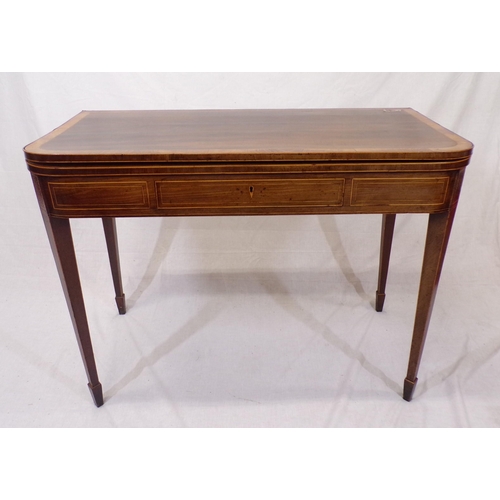 115 - Edwardian inlaid and crossbanded mahogany and satinwood tea table with fold-over top, rounded border... 