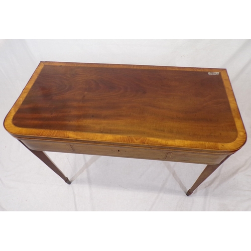 115 - Edwardian inlaid and crossbanded mahogany and satinwood tea table with fold-over top, rounded border... 