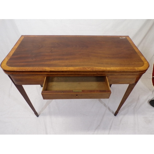 115 - Edwardian inlaid and crossbanded mahogany and satinwood tea table with fold-over top, rounded border... 