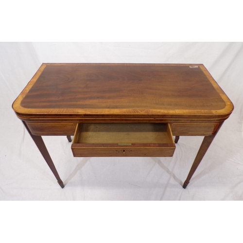 115 - Edwardian inlaid and crossbanded mahogany and satinwood tea table with fold-over top, rounded border... 