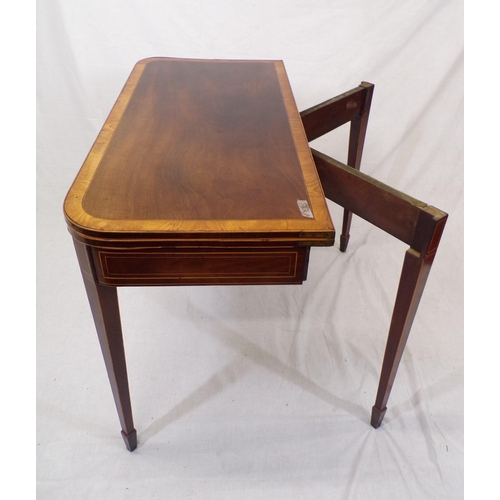 115 - Edwardian inlaid and crossbanded mahogany and satinwood tea table with fold-over top, rounded border... 