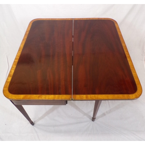 115 - Edwardian inlaid and crossbanded mahogany and satinwood tea table with fold-over top, rounded border... 