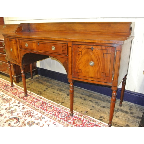 120 - Irish bow fronted inlaid mahogany sideboard with tray back, frieze drawer, 2 side presses, on turned... 