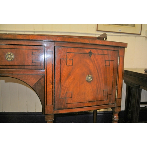 120 - Irish bow fronted inlaid mahogany sideboard with tray back, frieze drawer, 2 side presses, on turned... 