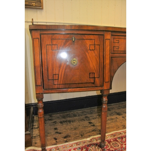 120 - Irish bow fronted inlaid mahogany sideboard with tray back, frieze drawer, 2 side presses, on turned... 