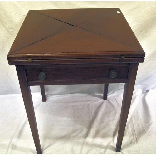 134 - Edwardian inlaid and crossbanded mahogany envelope card table with swivel top, fold-out diamonds, ba... 