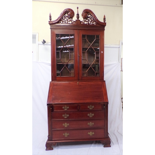 140 - Edwardian design bureau bookcase with scroll pediment, shelved top, fitted interior with fall-out fr... 