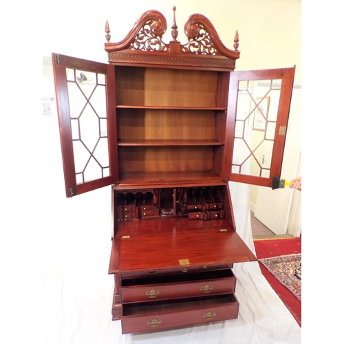 140 - Edwardian design bureau bookcase with scroll pediment, shelved top, fitted interior with fall-out fr... 