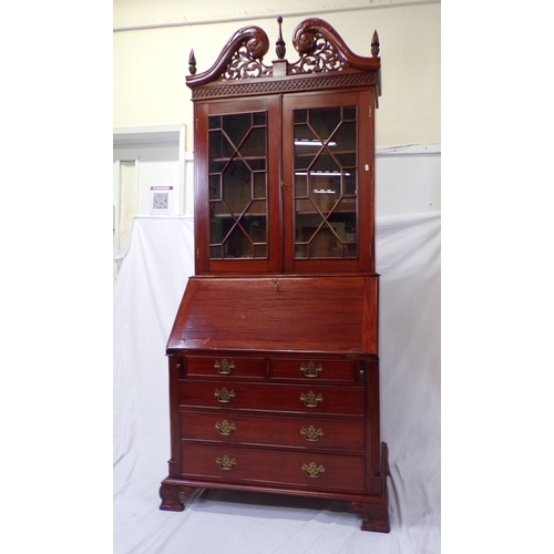 140 - Edwardian design bureau bookcase with scroll pediment, shelved top, fitted interior with fall-out fr... 