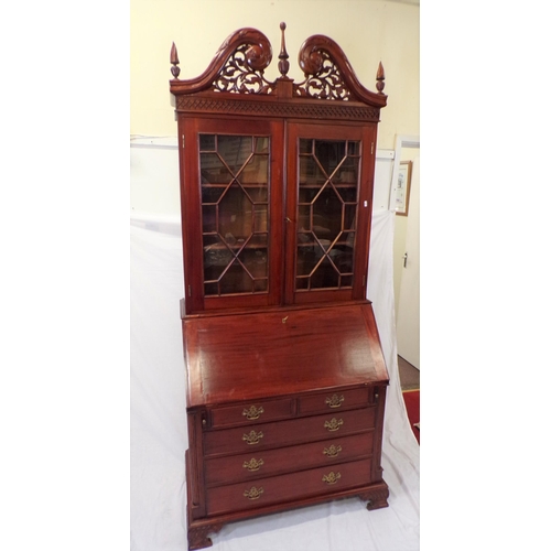 140 - Edwardian design bureau bookcase with scroll pediment, shelved top, fitted interior with fall-out fr... 