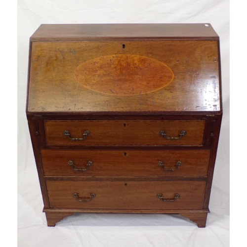 160 - Georgian inlaid and crossbanded mahogany bureau with drop-down front, pull-out supports, fitted inte... 