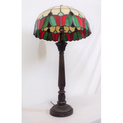 183 - Art Deco bronzed electric lamp with ornate multi-coloured shade