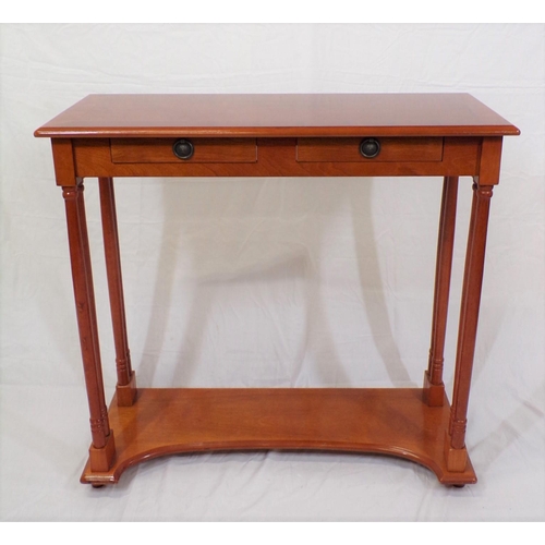 10 - Edwardian design yew console table with two frieze drawers, turned columns, on shaped plinth