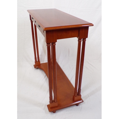 10 - Edwardian design yew console table with two frieze drawers, turned columns, on shaped plinth