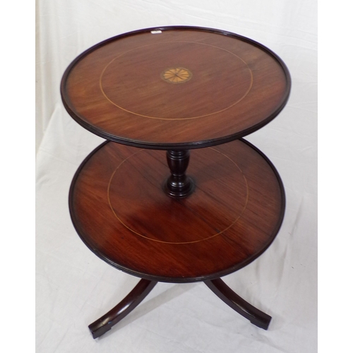 26 - Edwardian inlaid mahogany two tier round dumbwaiter with reeded borders, vase turned columns, on hip... 