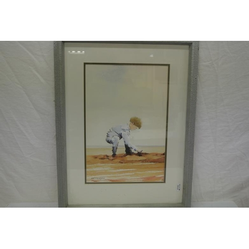 266 - Watterson 'Boy playing on the beach' watercolour 38x27cm signed