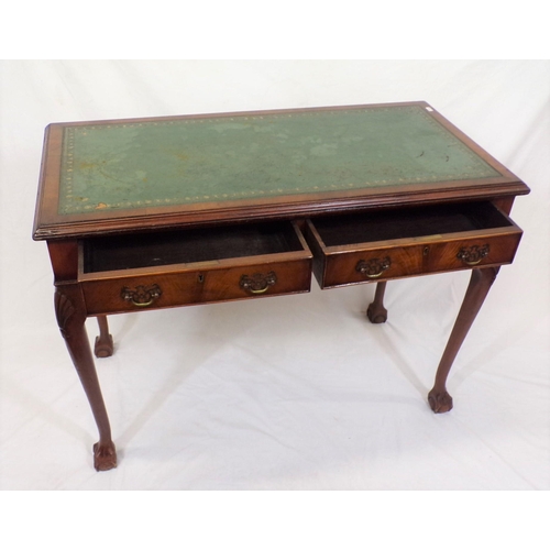 199 - Edwardian mahogany hall or side table with two frieze drawers, having brass drop handles, leatherett... 