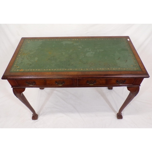 199 - Edwardian mahogany hall or side table with two frieze drawers, having brass drop handles, leatherett... 