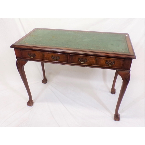 199 - Edwardian mahogany hall or side table with two frieze drawers, having brass drop handles, leatherett... 