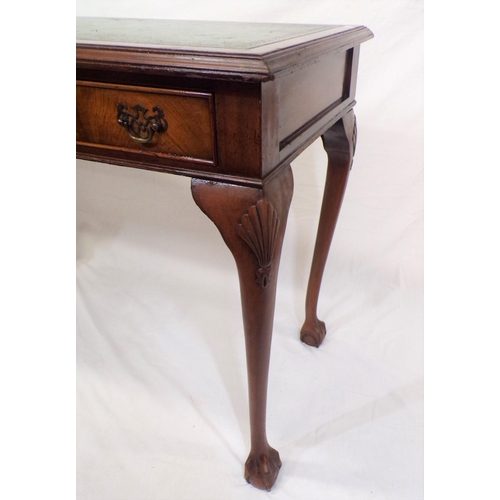 199 - Edwardian mahogany hall or side table with two frieze drawers, having brass drop handles, leatherett... 