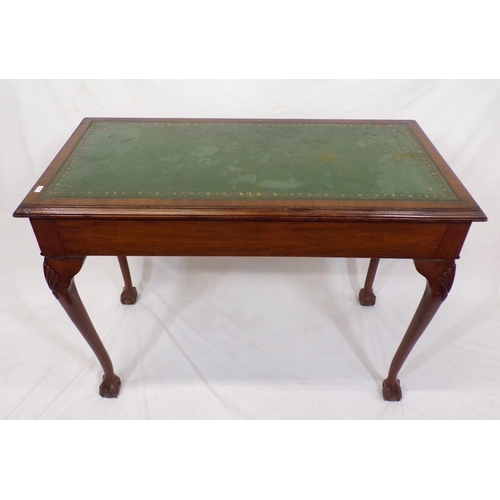 199 - Edwardian mahogany hall or side table with two frieze drawers, having brass drop handles, leatherett... 