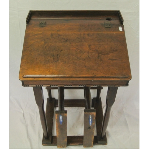 11 - Vintage school desk with lift-up lid, adjustable pull-out seat, with turned columns