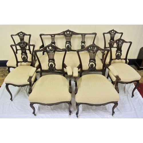 292 - Edwardian mahogany seven piece drawing room suite with foliate carved pierced wheatsheaf splats, scr... 