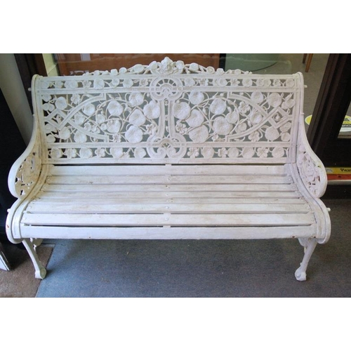 293 - Coalbrookdale style cast iron garden bench with ornate figured and lily decoration, timber slats, on... 