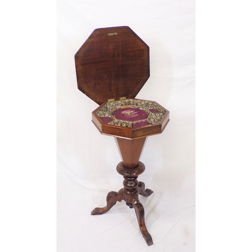 101 - Edwardian inlaid mahogany work and games table with inlaid hexagonal top,  fitted interior, on hexag... 