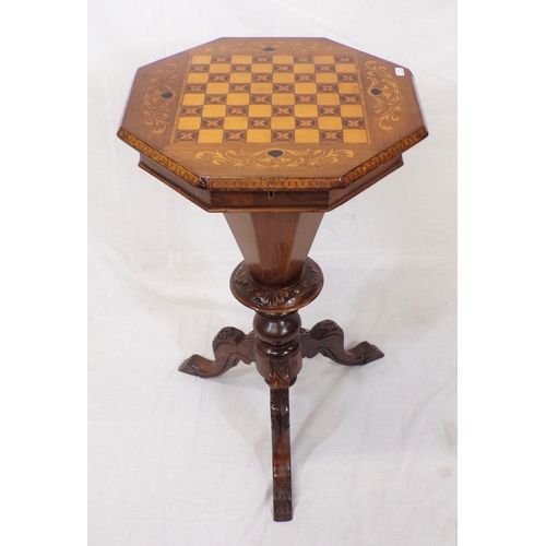 101 - Edwardian inlaid mahogany work and games table with inlaid hexagonal top,  fitted interior, on hexag... 