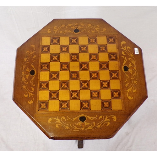 101 - Edwardian inlaid mahogany work and games table with inlaid hexagonal top,  fitted interior, on hexag... 