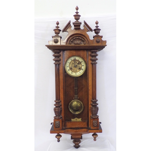 107 - Victorian mahogany cased Vienna wall clock with brass framed enamel dial and pendulum, with shaped f... 