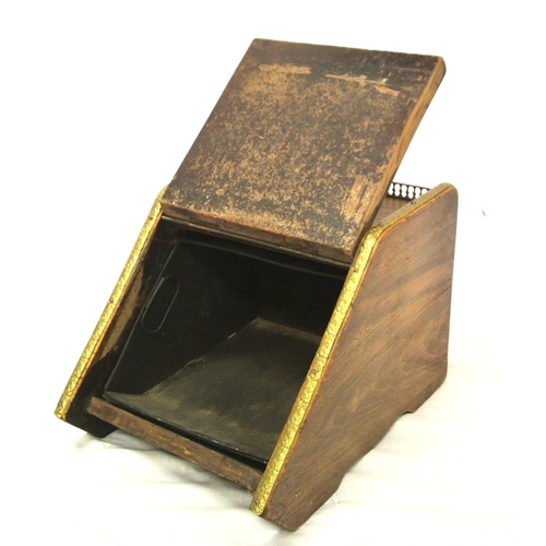 117 - Edwardian mahogany fuel box with shaped brass handle, fold-up lid with figured mount