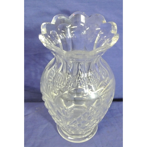 122 - Waterford Crystal cut glass baluster shaped flower vase with wavy rim and hobnail decoration