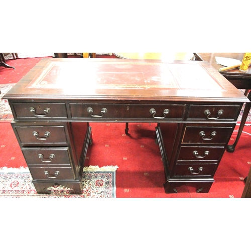 125 - Edwardian pedestal office desk with leatherette inset, three frieze drawers, six pedestal drawers, w... 