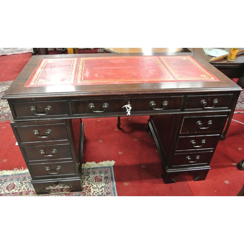 125 - Edwardian pedestal office desk with leatherette inset, three frieze drawers, six pedestal drawers, w... 