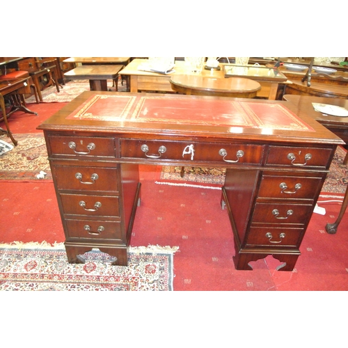 125 - Edwardian pedestal office desk with leatherette inset, three frieze drawers, six pedestal drawers, w... 