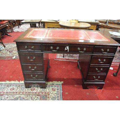 125 - Edwardian pedestal office desk with leatherette inset, three frieze drawers, six pedestal drawers, w... 